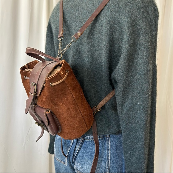 Vintage Brown suede leather backpack with front pocket made in Greece. - Picture 10 of 15